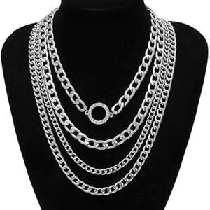 4 Layer Chunky Chain Silver Necklace Statement Jewelry